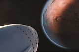 A SpaceX Starship flys through Space to arrive at the Red Planet — Mars.