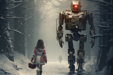 Young girl walking with robot soldier through snowy forest.