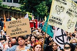 A crowd of people at a protest. A woman holds a sign reading animal agriculture = climate breakdown while another holds a yellow Animal Rebellion flag