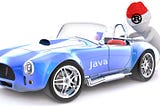 A 3d-model of a human with RustLang logo on a hat pushed the sports car with Java text on a side.