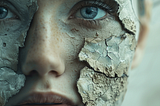 a person’s face partially covered in a cracked and peeling surface. It’s a compelling portrayal of possibly the concept of decay or transformation. The texture resembles dried clay or earth, suggesting themes of nature, aging, or fragility. The person’s eyes are remarkably expressive and are the focal point of the image, conveying a sense of depth and emotion. This could be interpreted as an artistic expression of inner turmoil or the feeling of being incomplete or in a state of change.