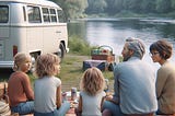 A family of five are picnicking by a lake. There is a white VW camper van in the background.