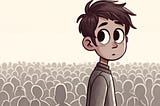A digital illustration of a young boy with short, dark hair, standing in front of a crowd of indistinct, grey silhouettes. The boy has a contemplative expression and is wearing a grey sweater. The background is a gradient from a light cream color at the top to a darker shade towards the bottom, creating a subtle contrast with the boy’s figure.