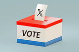A ballot box coloured in blue, white, and red. A vote on white paper protrudes from the box marked with a stylised X in the Special Alphabets 4 font.
