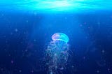 jellyfish with tentacles in the ocean, floating under the glowing surface