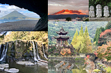 Collage showing 5 photos: Pyramidal green mountain seen from a cave overlooking the sea, blue sky and clouds above. Mountaintop glowing bright red in the setting sun. Statues of happy buddhist deities standing side by side. Garden of trees with red and yellow leaves, a pond reflecting, and Chinese pagoda, with tree-covered mountain behind. Wide rocky waterfall with flat stones resembling huge lily pads in the water beneath it.