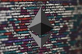 Ethereum logo with some background code