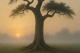 A lone oak tree in a misty landscape with subtle glowing glyphs near its roots, symbolizing resilience and the grounding of relational intelligence.