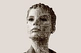 Woman’s head overlaid with digital circuits.