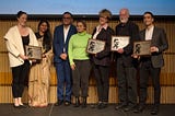 Winners of Izzy Award 2019. L to R: Zoe Loftus-Farren, Maureen Nandini Mitra, (Raza Rumi Dir. PCIM), Monica Mohapatra, Laura