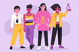 Cartoon image of four smiling young people standing side by side wearing colors and symbols that indicate they identify as non-binary.