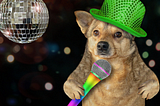 Dog with Green Hat Holding a mic.