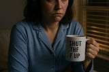 Angry woman with headphones having a sleepless night — image created using AI