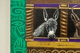 A painting of a grey donkey sticking his head out of a purple and golden window