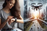 A split image showcasing a person using a smartwatch to control a drone on the left, and a futuristic cityscape with drones integrated into daily life on the right.