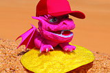 a red dragon, sitting on a yellow potato chip in the middle of the sahara desert wearing a bright pink baseball cap. Dall-e and Chatgpt capabilities