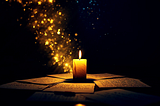 a single candle on a desk with handwritten pages, its flame transforming into glowing stars rising into the night sky