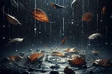 Rain/Raindrops And Dry Leaves Falling Through A Dark Background