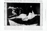 Damage to the Rokeby Venus from The Illustrated London News of 14 March 1914 — b/w photo showing the painting of a naked woman lying on her side while a cherub holds up a mirror for her. The figure has slash marks on her upper and lower back