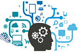 The image depicts a stylized representation of a human head in profile view. Inside the head, there are three gears in a configuration that suggests they are interlocked, symbolizing thought processes or the brain’s mechanics. Surrounding the head is an array of various icons and symbols connected by flowing lines, which creates the appearance of a network or a flow of information. These icons include clouds, indicating cloud computing, a globe representing global connectivity, musical notes,etc