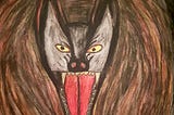 Painted picture of a wolf’s head — with open mouth and an angry look.