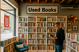 Modern used bookstore in North Texas with local reader browsing gently used books in McKinney