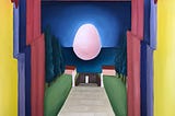 Colourful painting of doorway showing a path and an luminescnt eggshaped object in centre