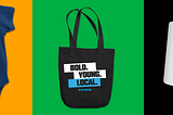 A graphic showcasing three pieces of Run for Something merch on bright color backgrounds. On the left is a navy blue baby onesie with a white “Future Candidate” megaphone design on an orange background. In the center is a black “Bold. Young. Local.” tote bag with blue and white lettering on a green background. On the right is a white mug with colorful “Run. Win. Repeat.” circles on a black background. The layout highlights the new merch collection available for purchase.