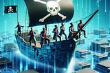 Digital Pirates; pirate ship floating over bunch of computer chips
