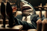 dramatic close up, floor angle shot, Shark in a pinstripe suit, sitting back relaxing in a modern art deco chair, his arm is propped up with a smug look on his face, mouth open with a slight laugh. in his other hand he holds a glass of bourbon. The scene is upscale like a magazine photo shoot and the image is analog with film grain and shallow DOF