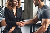 An attractive trim 39-year-old Caucasian woman with soft curly brown hair wearing business attire sits in a folding chair. A young, handsome man wearing a tightfitting shirt sits opposite the woman at an industrial-style desk. The setting is at a gym. The two people smile, look at each other and shake hands.