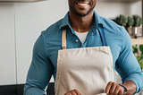 A handsome man wearing an apron in a kitchen.