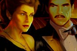 Digital painting of Eleanor, a mature woman with brunette hair and hazel eyes, and Charlie, a mature man with a thin mustache. They are wearing formal attire and sitting in a car.