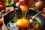 An egg cracked into a sizzling pan on a counter top scattered with vegetables