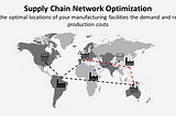 Supply Chain Network Optimization with Python: Find the optimal locations of your manufacturing facilities to meet the demand and reduce production costs. A world map highlights the locations of factories and stores connected by shipping routes. The image depicts an optimization scenario with dashed lines representing transportation paths between stores and factories.