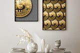 Bitcoin pictures on wall.