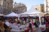 Temporary stalls selling books in a town square in Mataró, Catalonia, for World Book Day