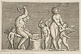 reproduction of a 16th century black and white engraving print of Vulcan, Roman God of Fire, hammering metals, observed by the goddess Venus and three cherubs, or cupids