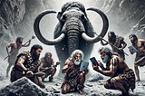 Cavemen and a massive mammoth, holding and looking at digital tablets instead of attacking, in a cold, harsh, grey and black environment with a grungy, natural, and rugged vibe.