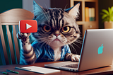 Grumpy tabby cat working on a computer and holding up a YouTube play symbol — This Free Code Replaces Pricey YouTube Keyword Tools