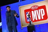 Giannis Antetokounmpo giving acceptance speech after receiving the 2019 NBA MVP award