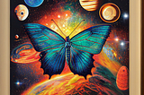 butterfly surrounded by planets in bright colors