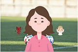 A cartoon representation of a woman with a soccer ball, flanked by a small devil character on one side and an angel character on the other, set against the backdrop of a soccer field. This imagery often represents a person faced with a moral dilemma, with the angel and devil symbolizing the conflicting choices of good and bad.