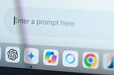 A digital screen showing an AI prompt box and some apps in the dock below.