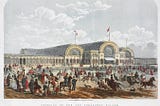 Vast iron and glass structure with central barrel vault and wide hip vault on each side. Crowds, horses and carriages outside