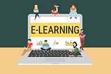 A laptop displaying eLearning, with 7 miniature students studying around it.