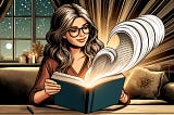 A young woman with glasses reading a book. Words and advice are coming out of the book in waves.