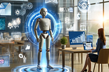 A conceptual image depicting the integration of marketing and AI. The artwork features a modern office setting with a large digital display showing graphs
