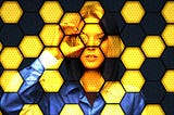 Woman holding a Gold coin on her eye. Honeycomb background picture