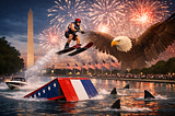 water skier at Reflecting Pool jumping over sharks with giant eagle in foreground and flags in background